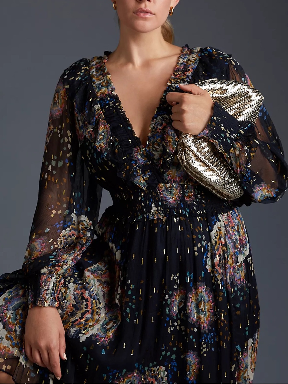 Anthropologie Women’s Smocked V-Neck Metallic Abstract Ruffle Blue Maxi Dress XL - Picture 12 of 16